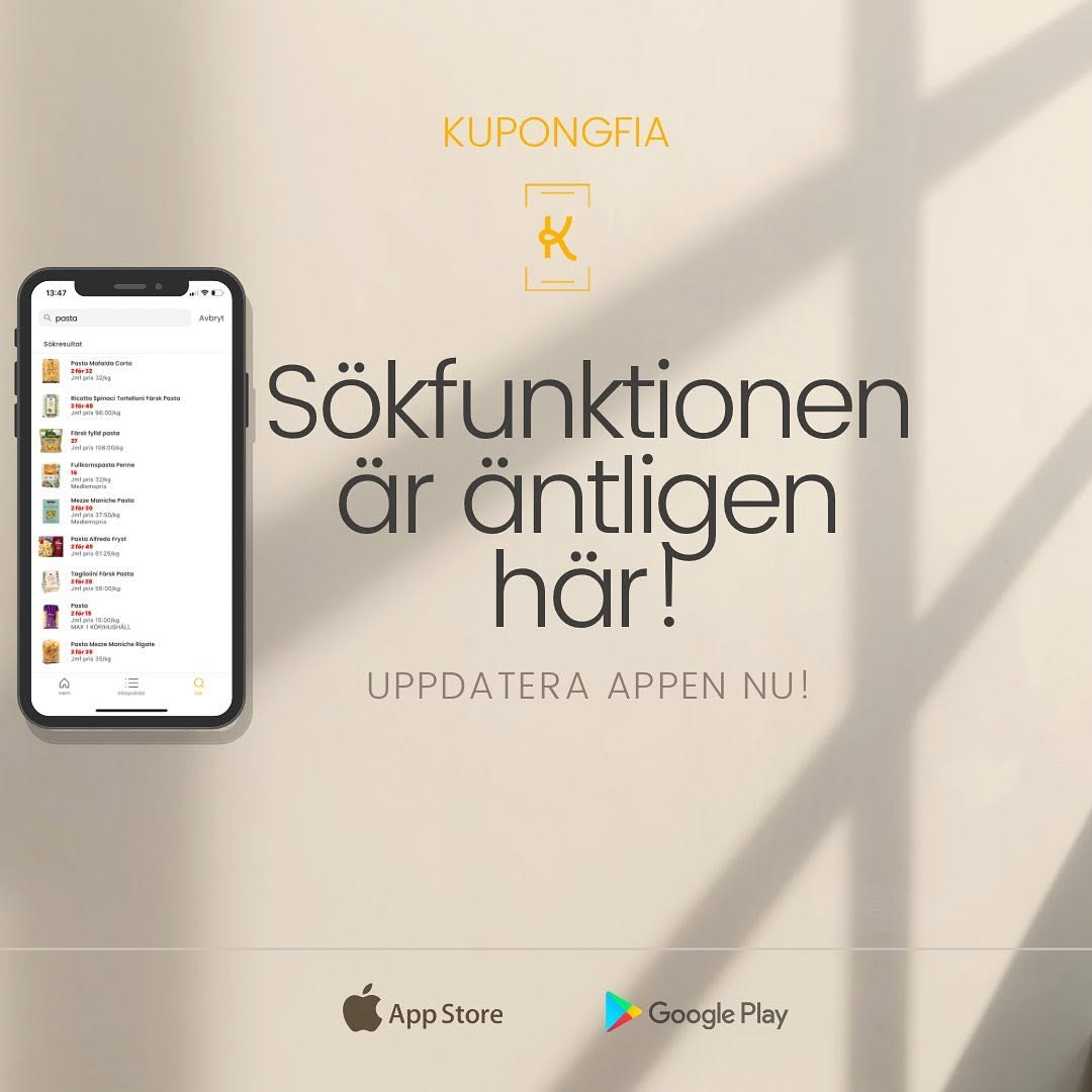 Kupongfia promotion showing grocery search results in the mobile app